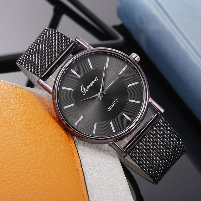 Moda moderna preto quartzo rosa azul relógio masculino mulher malha aço inoxidável pulseira de relógio casual par de relógios presente para mulher