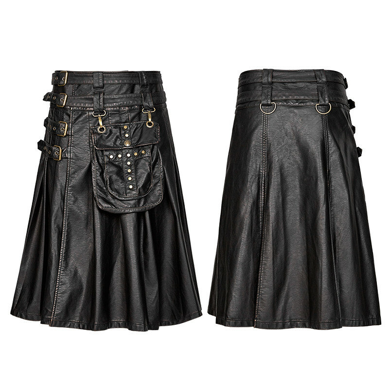 Heavy Punk Men PU Leather Skirts Waist Belt Pocket Black Casual Skirts High Waisted Long Pleated Skirts