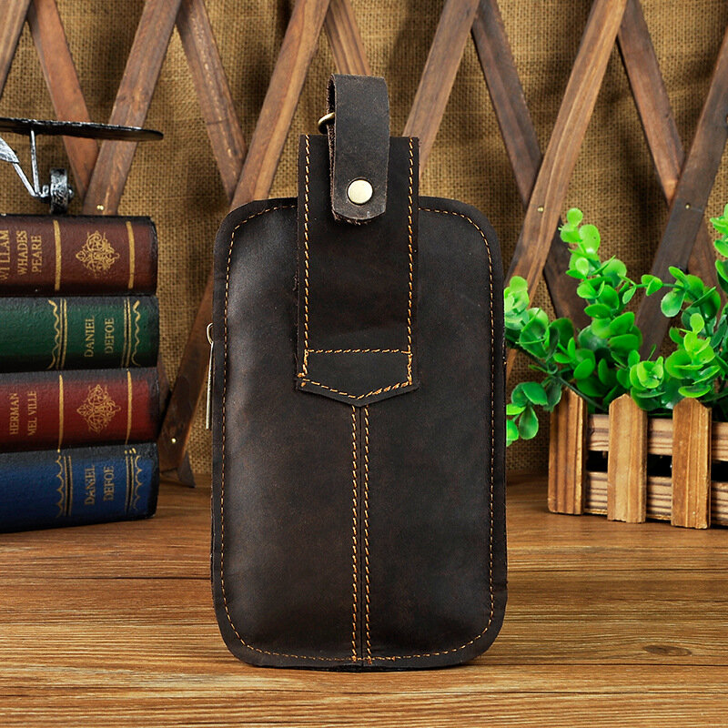 Real Leather men Casual Design Small Waist Bag Cowhide Fashion Hook Bum Bag Waist Belt Pack Cigarette Case 5.5" Phone Pouch 1609