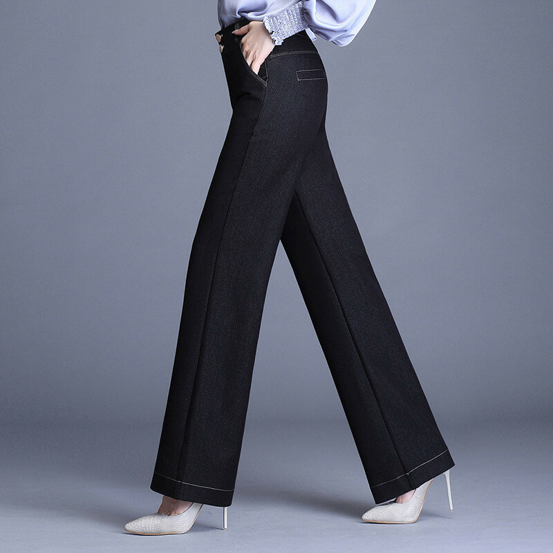 2022 новые женские черные синие джинсы с широкими штанинами на плоской подошве с высокой талией, прямые тянущиеся джинсы на осень и зиму, плотные, от M до 6XL