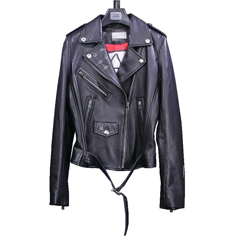 Veste de motard en cuir de mouton véritable, en daim, manteaux avec broderie pour femmes, vêtements d'extérieur Slim, pardessus VF5002