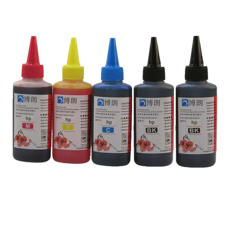 Kit universal de recarga de tinta 500ml, para impressora hp, tinta corante, todos os modelos, cartucho de tinta ciss em 5 cores, tanque de tinta, cada garrafa, 100ml
