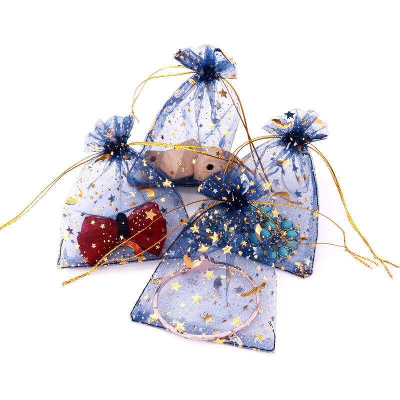 Bolsa de Organza pequeña para decoración de boda, embalaje de joyas con dijes, Luna y Estrella, bolsas de regalo con cordón, 9x12, 7x9cm, 50 unidades por lote