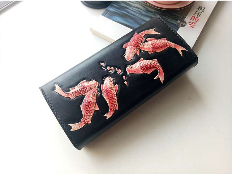Handmade carving Red Carp Women Wallets Card Holder Purses Long Clutch Vegetable Tanned Leather Mother's Gift