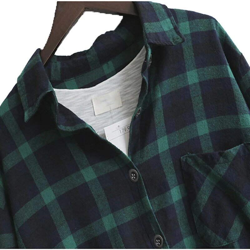 Blusa xadrez para mulheres, camisa de algodão solta, manga comprida, casual, moda, primavera e outono, 2019