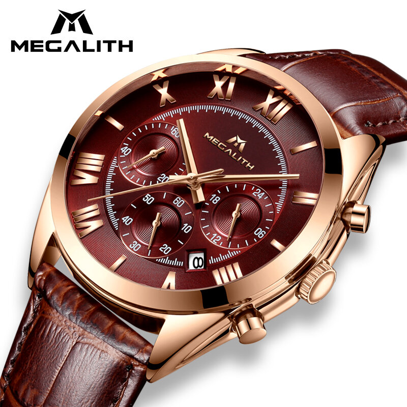 Reloj de cuero de moda MEGALITH para hombre reloj deportivo de cuarzo con fecha impermeable relojes para hombre, reloj de lujo de marca superior