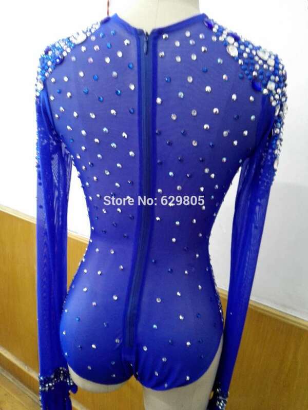 Sparkly Blue Rhinestone Sexy  Outfit Dance Wear Birthday Party Costume Stage Clubwear Leotard Clothing