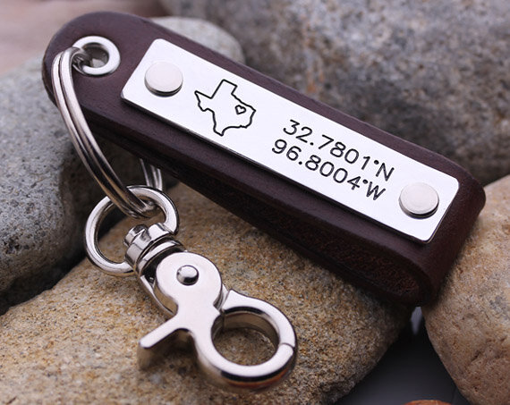 Personalized GPS Coordinate keychain - Leather Latitude Longitude keychain - Leather State Map key chain - Gift for Him