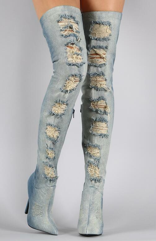 새로운 디자이너 허벅지 하이 컷 아웃 하이힐 여성 부츠, 봄 가을 뾰족한 발가락 긴 데님 부츠, 사이즈 34-42 무료 배송