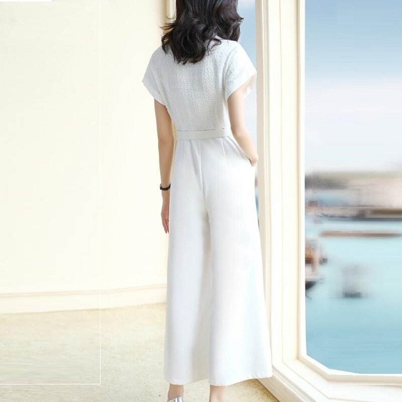 สีขาว Jumpsuit ซิปแขนสั้นฤดูร้อนสุภาพสตรี OL Playsuit Sashes Elegant Jumpsuits สำหรับผู้หญิง 2019 DD2069