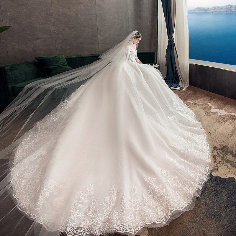 Новинка 2024, винтажное свадебное платье с круглым вырезом и длинными рукавами, иллюзионное простое кружевное платье с вышивкой на заказ, свадебное платье, свадебное платье