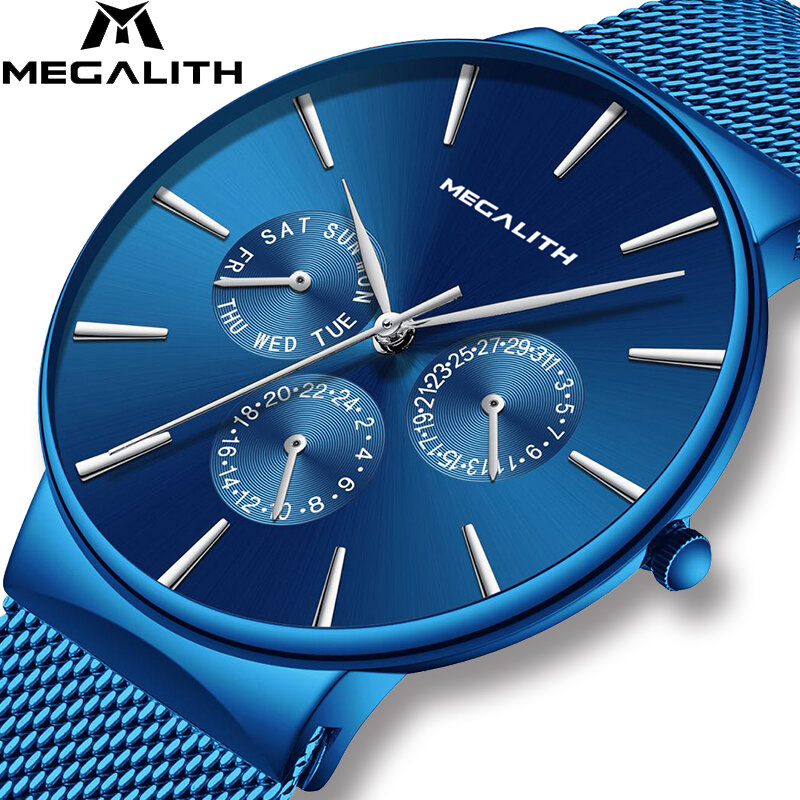 MEGALITH męskie zegarki Top marka luksusowy sportowy zegarek Slim Mesh stali nierdzewnej data wodoodporny zegarek kwarcowy zegarek na rękę dla mężczyzn zegar Relogio Masculino
