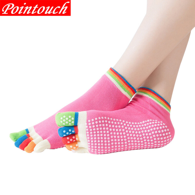 Calcetines deportivos de algodón 100% para mujer, medias antideslizantes de fondo rosa con cinco dedos del pie, transpirables