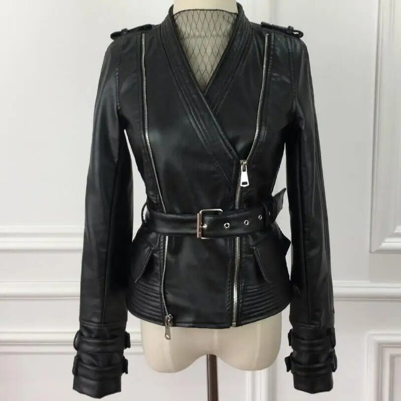 Новый дизайн, мотоциклетная куртка из искусственной кожи, Женская куртка на молнии с V-образным вырезом и длинным рукавом