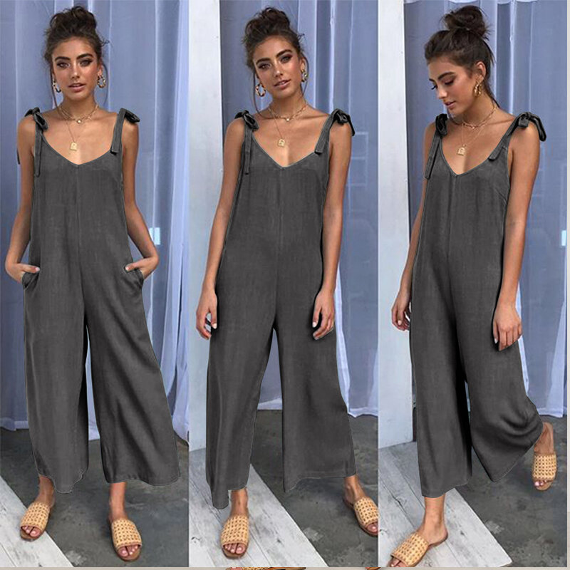 2019 spring and summer four-color banded loose jumpsuit Long Wide Leg Romper Strappy casual pocket ladies Vacation jumpsuit