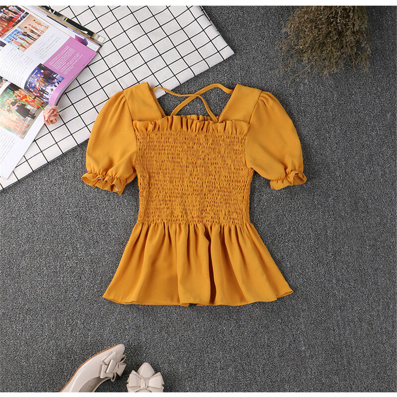 2019 New Women Summer Ruffles Blouse Sexy Tie Chiffon Blouses Female Slim Solid Bottoming Short Sleeve Shirts Short Tops AB1371