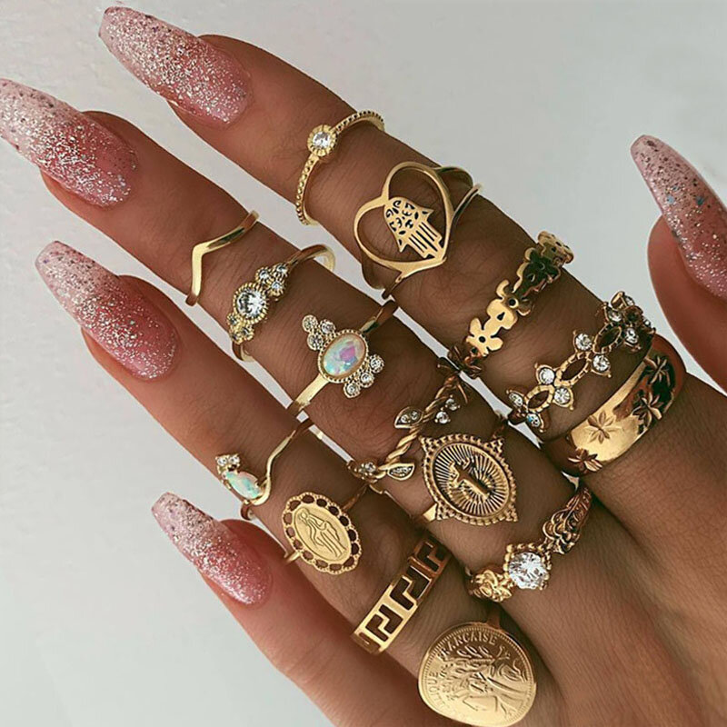 FAMSHIN-Anel de casamento estrela e lua para mulheres, boho vintage, cor dourada, anel de noivado de cristal, joias boêmias, presentes, 9 peças