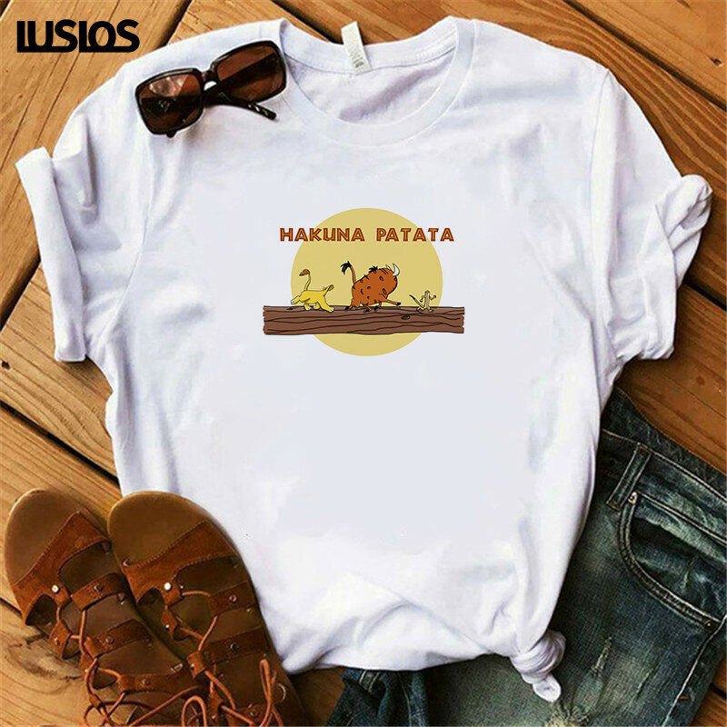 Luslos 여성용 귀여운 여름 t 셔츠 hakuna matata femme cartoon tshirt 캐주얼 라운드 넥 여성 하라주쿠 streetwear t-shirts