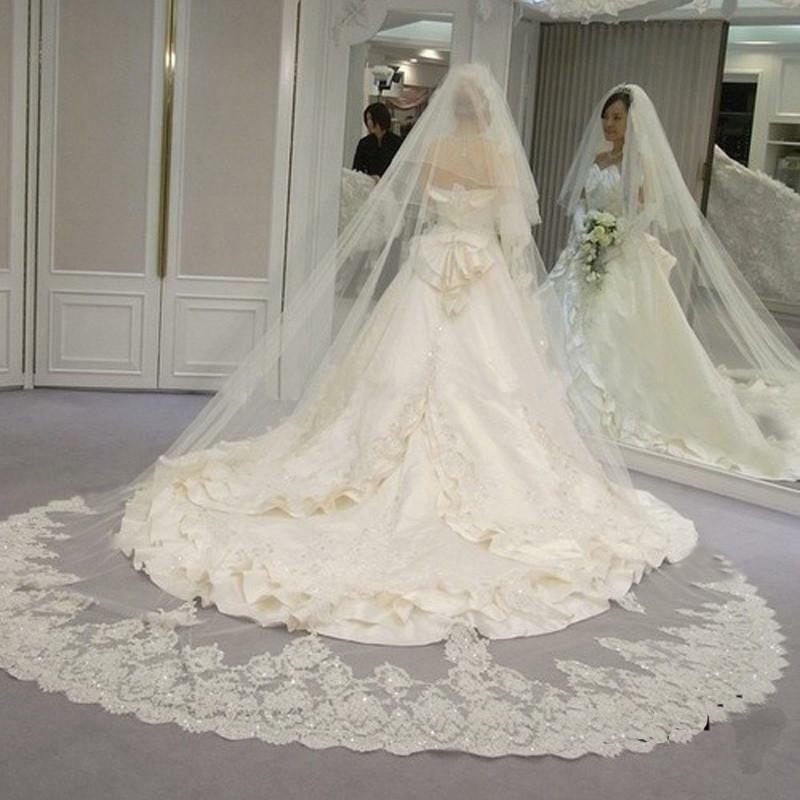 Baru dua lapisan kerudung pernikahan renda Appliques panjang 3 meter putih gading kerudung dengan sisir panjang kustom pengantin kerudung