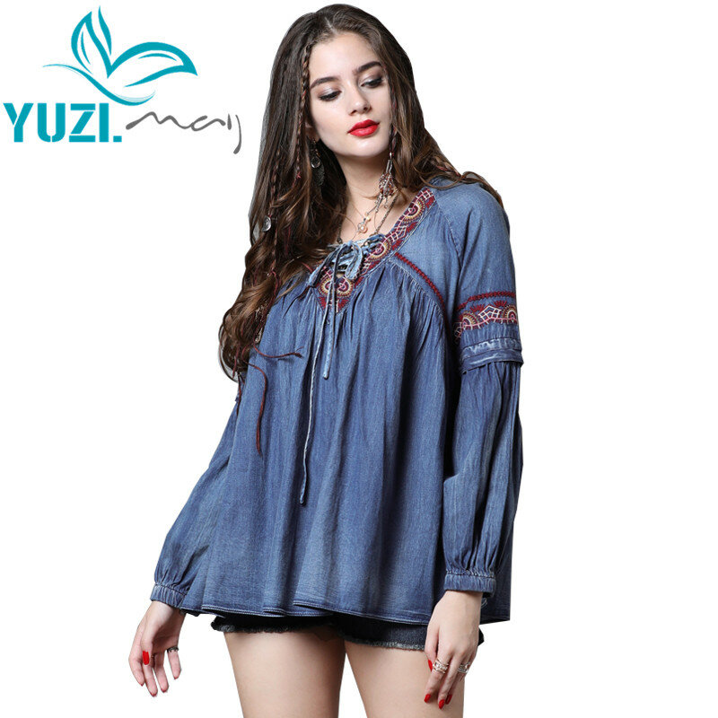 Yuzi.may – chemise en Denim pour femmes, col en v, manches longues lanterne, Vintage, broderie, ample, Boho, B9261, 2018