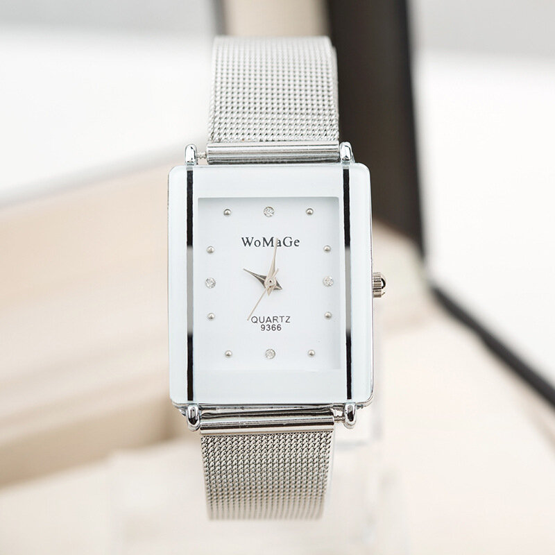 นาฬิกาหน้าปัดสี่เหลี่ยมแฟชั่นแบรนด์ womage พร้อมคริสตัลดีไซน์ใหม่นาฬิกาควอทซ์เที่ยงตรงสำหรับผู้หญิงของขวัญตาข่ายสแตนเลส
