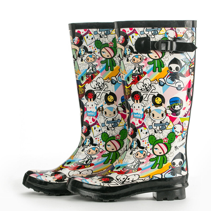 Novas botas de chuva com desenho pintado à mão, botas femininas à prova d'água até o joelho, fofas de alça com fivela