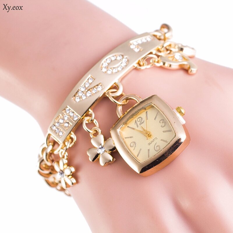 패션 여성의 세련된 사랑 크리스탈 라인 석 체인 팔찌 손목 시계 선물