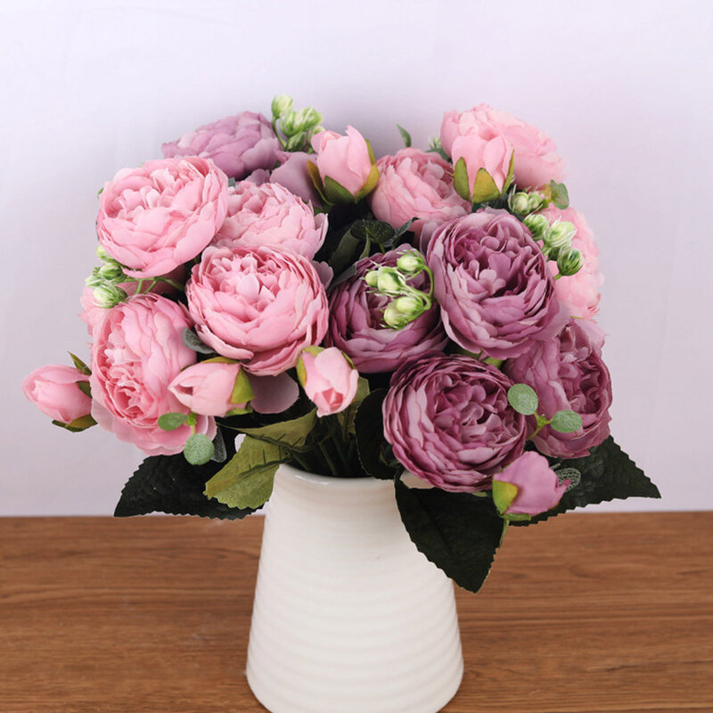 Buket Sutra Merah Muda Mawar 30Cm Bunga Buatan Peony 5 Kepala Besar 4 Tunas Kecil Pengantin Pernikahan Dekorasi Rumah Bunga Palsu Palsu