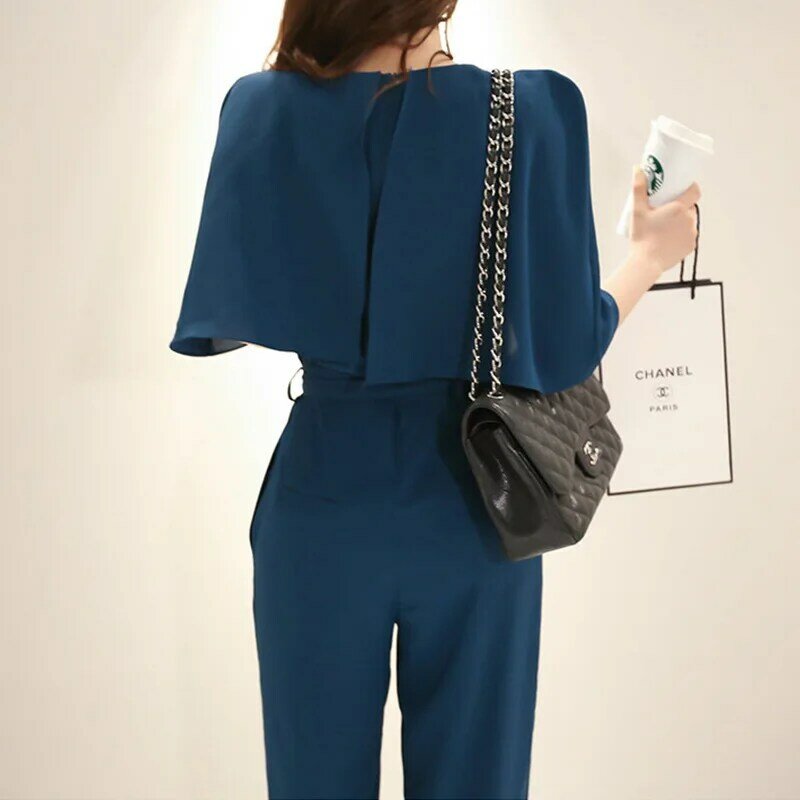 Summer Party Cloak Blue Catsuit Overalls Belted Bodysuit Club Pants Playsuits Rompers Long Rompers Sexy Women Chiffon Jumpsuit