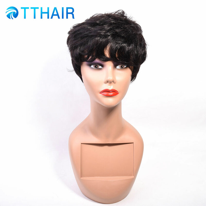TTHAIR Short Bob Human Hair Wigs For Women Natural Wave Natural Color   Remy 100% Human Hair Machine Made Rose Net Wigs