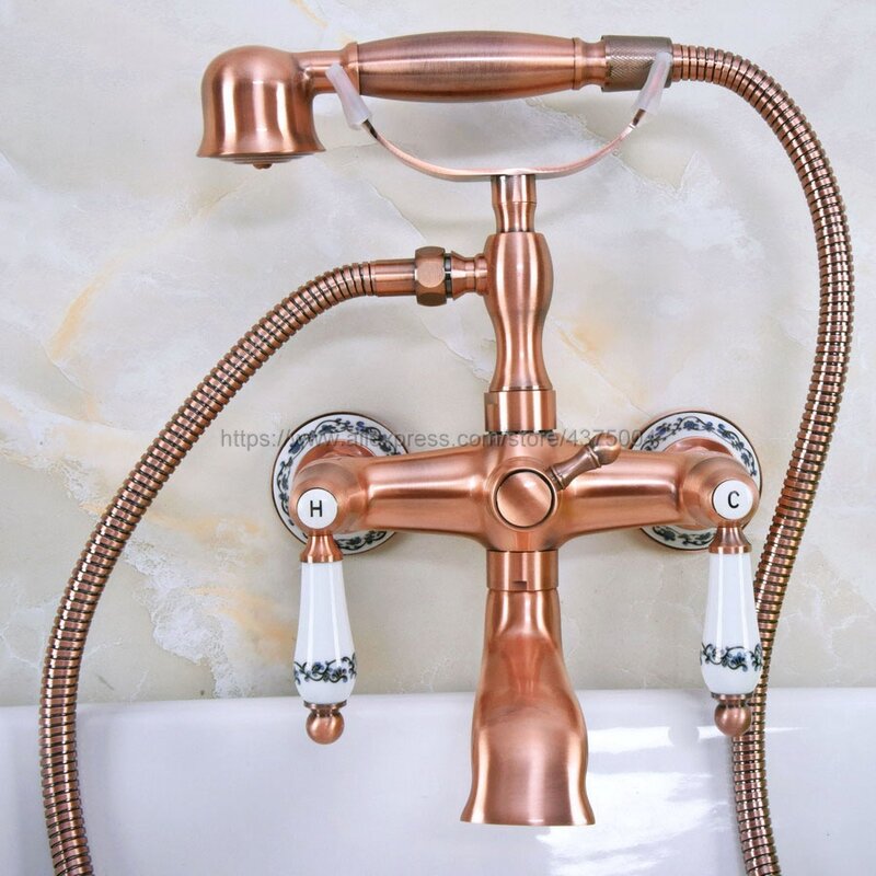 Grifo de bañera de cobre rojo antiguo para baño, grifería montada en la pared de doble manija, con ducha de mano, Nna331