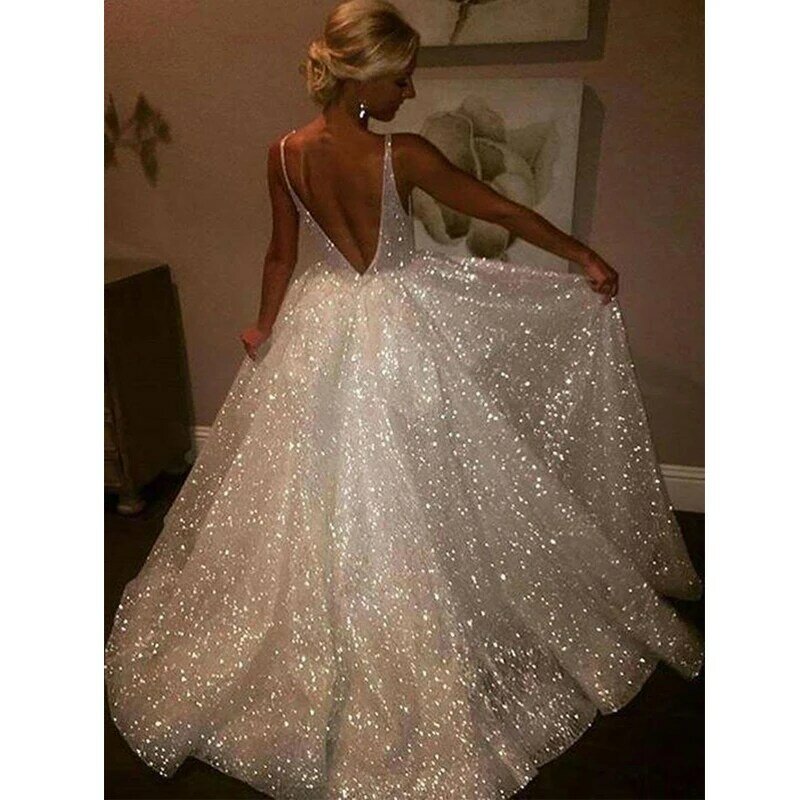 LORIE-vestido de noiva com glitter na praia, vestidos de noiva, gola V, vestidos de casamento árabes, vestidos de noiva brilhantes, 2020