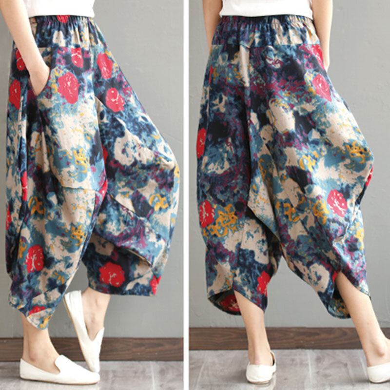 Fashion Women Loose Printed Pants Ladies Linen Casual Beach Party Trousers Pants