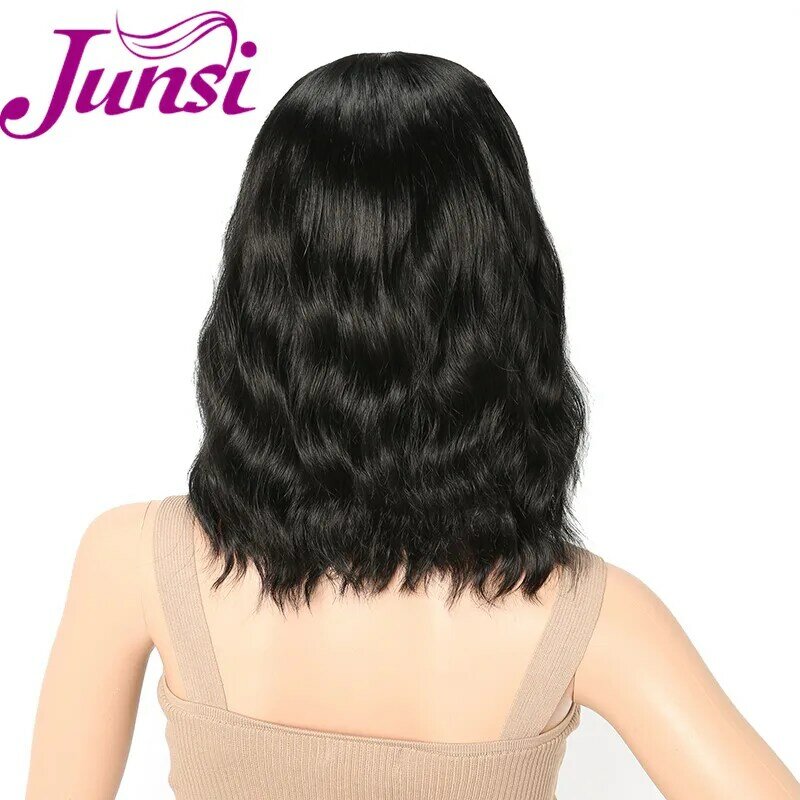 JUNSI Mode Dame Kurze Schwarze Bob Wellenförmige Perücke Haar Synthetische Perücke Natural Black Heat Resistant Perücken