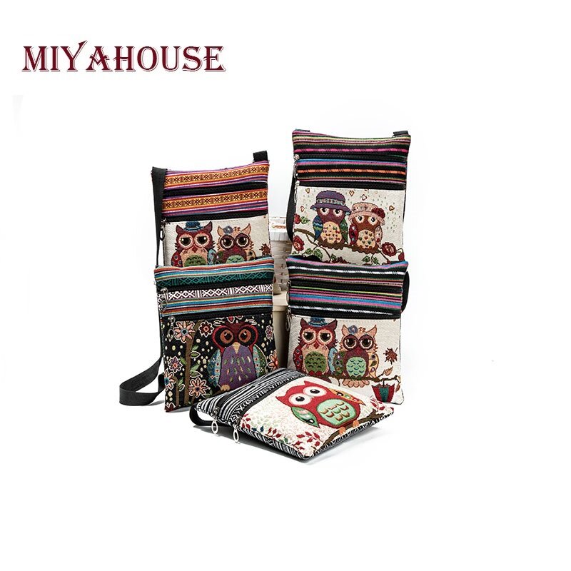 Miyahouse bolsa mensageiro feminina casual pequena com zíper duplo, bolsa de ombro com estampa de coruja e de desenhos animados, para mulheres