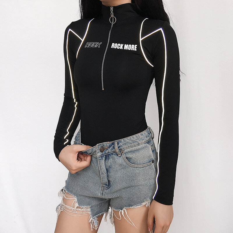 Rockmore Bodycon Lengan Panjang Garis Reflektif Zipper Bodysuit Wanita Surat Dicetak Wanita Baju Streetwear Musim Gugur Musim Dingin