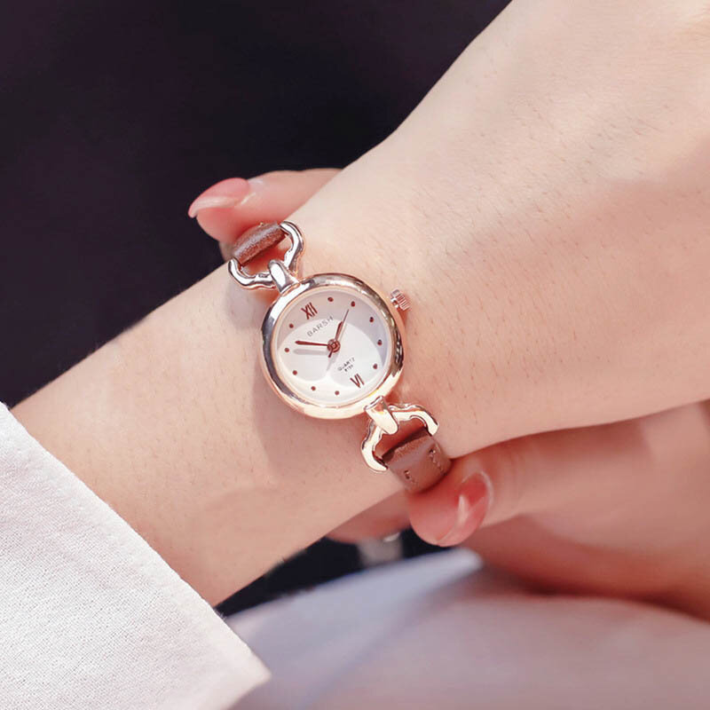 Jam tangan wanita, jam tangan perempuan, kuarsa, sederhana, tali kulit PU, Mini, tombol, tipis, hadiah untuk wanita