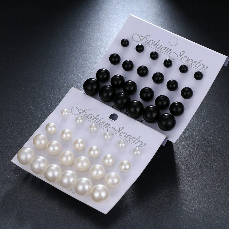 Pendientes de perlas de imitación para Mujer, aretes de moda, color blanco, Beige y negro, 12 pares