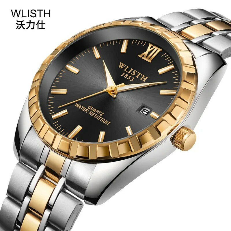 WLISTH-Reloj de pulsera de acero inoxidable para hombre y mujer, cronógrafo dorado de alta calidad, resistente al agua, con calendario y fecha