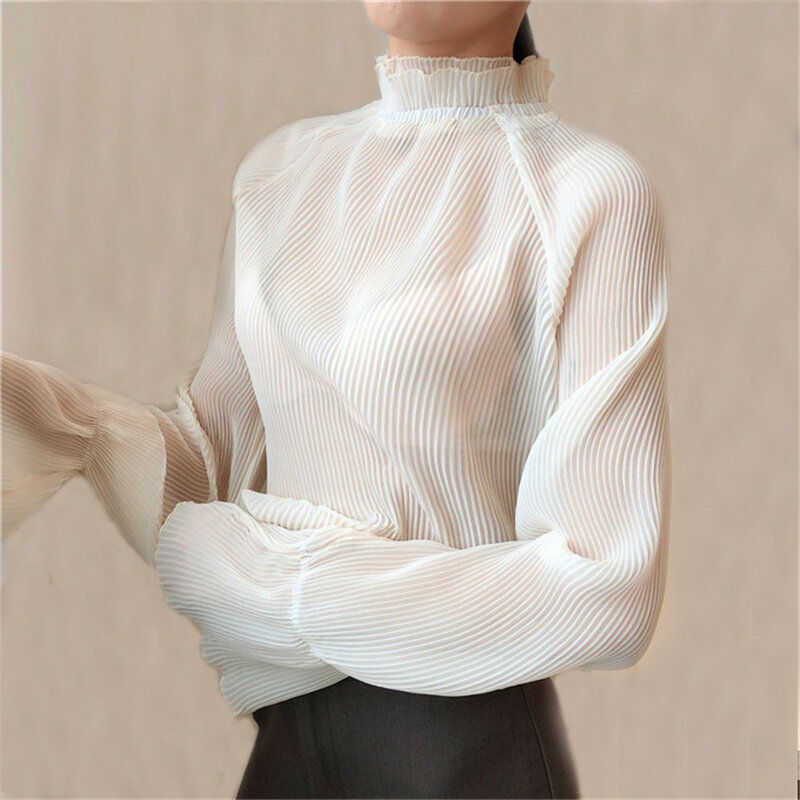 Блузка женская с высоким воротником, модная однотонная Повседневная рубашка с расклешенным рукавом, элегантный джемпер, офисные блузы, топы, AB729, весна-осень