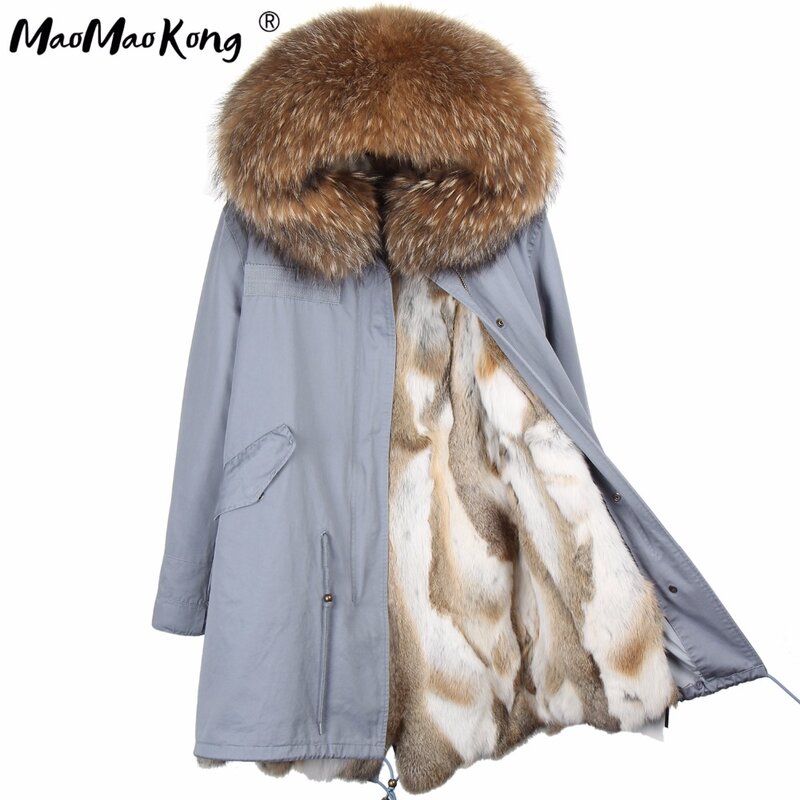 MAOMAOKONG moda donna vera pelliccia di coniglio fodera giacca invernale cappotto collo di pelliccia di volpe naturale con cappuccio parka lungo capispalla femminile