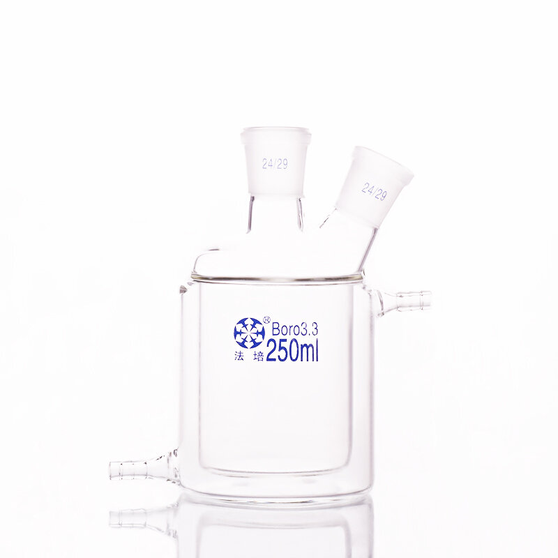 Double-deck cylindrical two-necked flat bottom flask,Capacity 250ml,Joint 24/29,Mezzanine jacketed reactor bottle