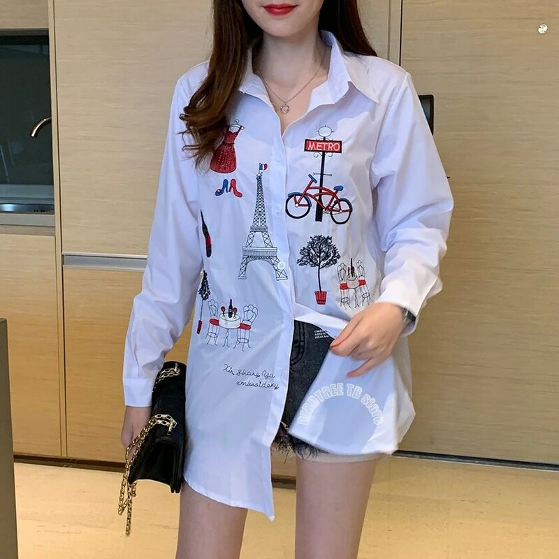 Women Embroidery Long White Blouse Button Up Turn Down Collar Full Sleeve Shirt Tower Cat Bicycle Casual Feminina Top T96415F