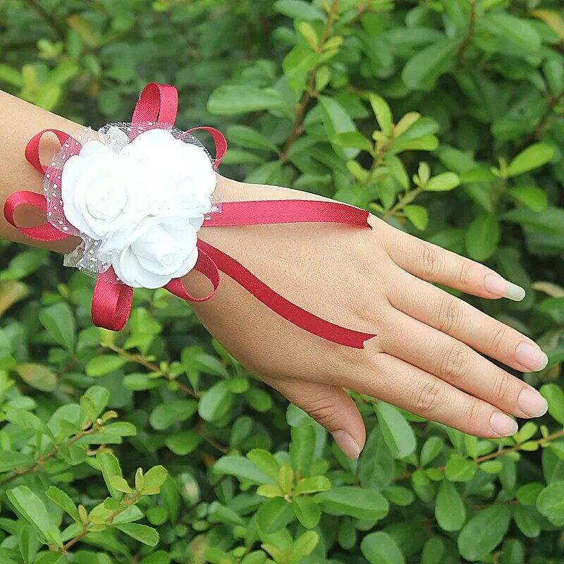 A maioria popular pe flores corsage casamento pulso banda boutonniere feito sob encomenda branco 3 rosa fita de pulso flores sw003
