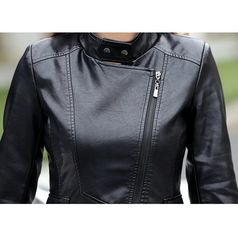 Veste de moto en cuir PU pour femme, manteau long, patchwork mince, haute qualité, mode féminine, automne, hiver, 5XL, 2024