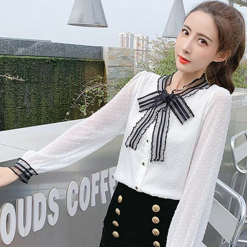 Musim Semi Baru Sifon Korea Kemeja Wanita Ikatan Simpul Lengan Panjang Blus Putih Pakaian Gadis Musim Panas Musim Gugur Fashion Tipis Atas H9140