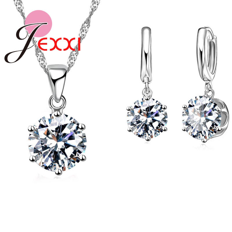 Top CZ Perhiasan Set Perak Kalung Anting-Anting Cubic Zirconia Crystal Round Drop El Kerah Wanita Hadiah Terbaik
