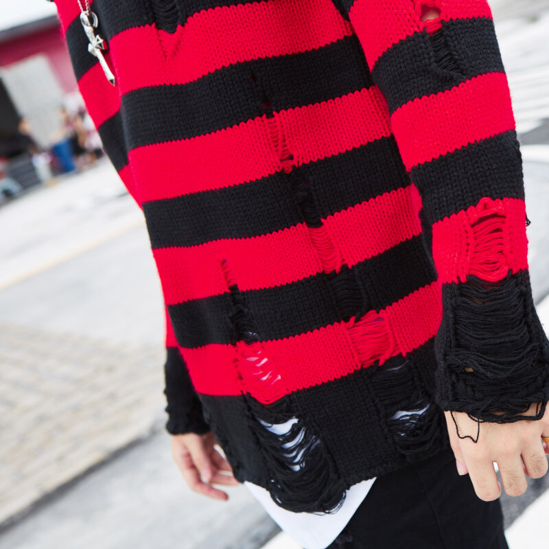 Black Red Striped Sweaters Washed Destroyed Ripped Sweater Men Hole Knit Jumpers Men Women Oversized Sweater Harajuku