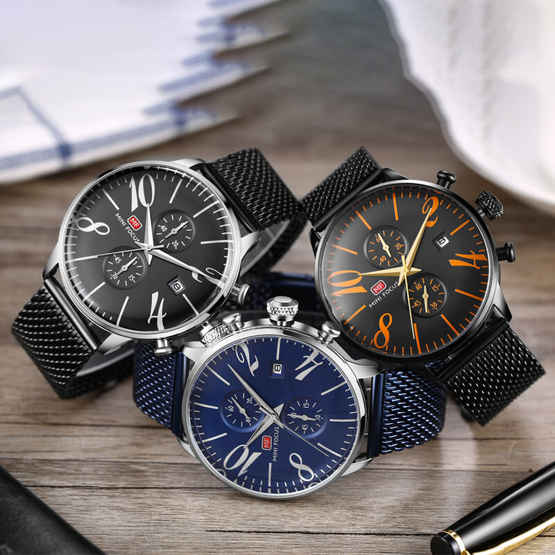 MINIFOCUS Men's Watches Fashion Sports Quartz Watch Stainless Steel Mesh Brand Men Watches Multi-function Wristwatch Chronograph