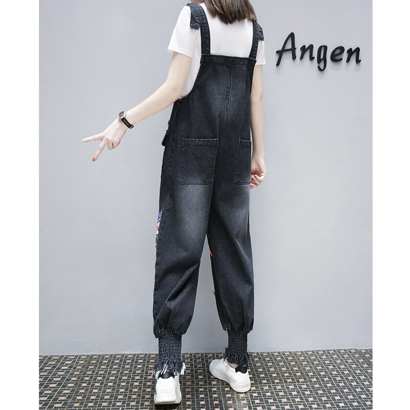 Macacão jeans para mulheres, macacão jeans solto, estilo harajuku, casual, com buraco e bolso, tamanho grande, 2019